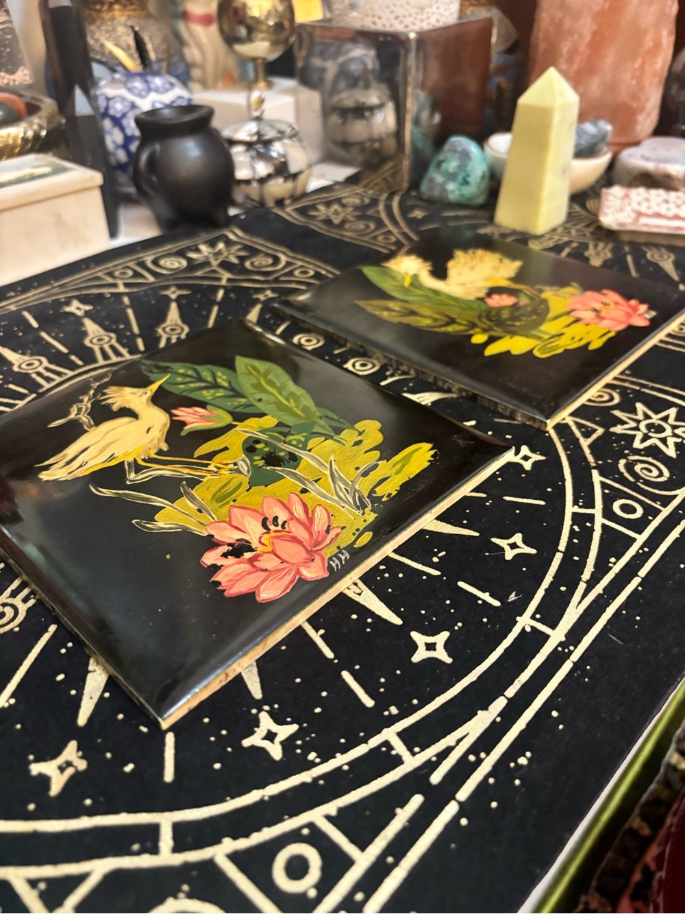 PAIR OF VINTAGE HAND PAINTED ON BLACK TILE: CRANES WATERSCAPE - ART DECO / MCM